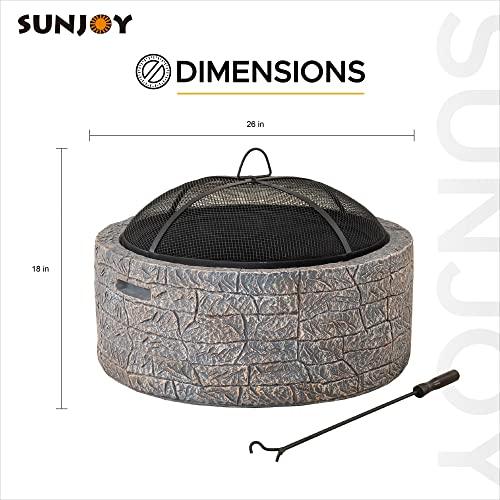 Sunjoy 26 in. Stone Fire Pit, Patio Outdoor Round Wood Burning Fire Pits for Outside with Spark Screen and Poker, Brown & Black - CookCave