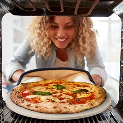 16" Pizza Stone for Oven & Grill with Handles - Natural Cordierite Baking Stone Set with SS Rack & Plastic Scraper (1500 °F Resistant, Round, Large) - CookCave