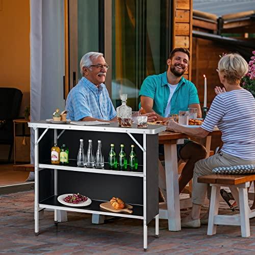 Giantex Folding Camping Table, Aluminum Portable Bar Table 43.5''L x 34.5''H, 2-Tier Open Storage Shelves, Removable Oxford Cloth, Carrying Bag, Foldable Picnic Table for BBQ Outdoor Party (Black) - CookCave