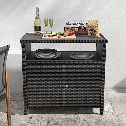 Grand patio Indoor Outdoor 2-Door Wicker Storage Cabinet with Shelf, Powder Coated Steel, All Weather Resin Wicker, Dark Brown - CookCave