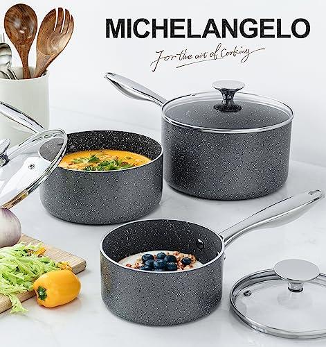 MICHELANGELO Sauce Pan with Lid, Granite Saucepans with Lids, 1Qt & 2Qt & 3Qt Sauce Pan Sets, Nonstick Saucepan Set with Stainless Steel Handle, Oven Safe, Grey - CookCave