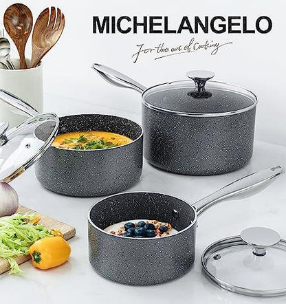 MICHELANGELO Sauce Pan with Lid, Granite Saucepans with Lids, 1Qt & 2Qt & 3Qt Sauce Pan Sets, Nonstick Saucepan Set with Stainless Steel Handle, Oven Safe, Grey - CookCave