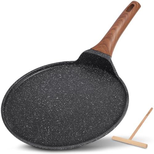 ESLITE LIFE Nonstick Crepe Pan with Spreader, 11 Inch Granite Coating Flat Skillet Tawa Dosa Tortilla Pan, Compatible with All Stovetops (Gas, Electric & Induction), PFOA Free, Black - CookCave