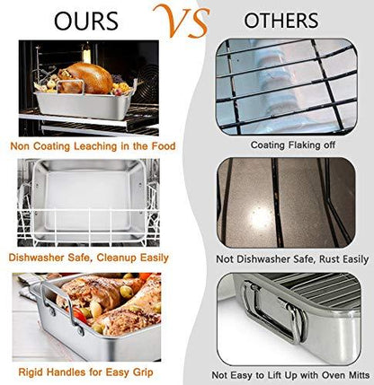TeamFar Roasting Pan, 14 In Stainless Steel Turkey Roaster Pan with Cooling Rack & V Rack, Beer Can Chicken Holder/Meat Claws/Brush, Healthy & Dishwasher Safe, Set of 7 - CookCave