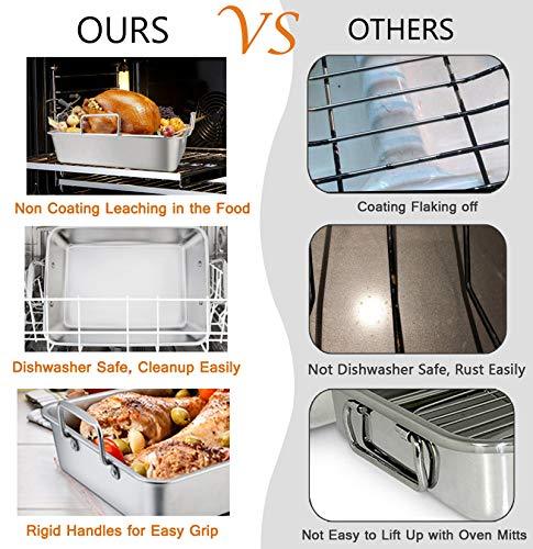 TeamFar Roasting Pan with Rack, 14 Inch Stainless Steel Turkey Roaster Lasagna Pan with V-Shaped Rack & Cooling Rack, Healthy & Durable, Brushed Surface & Dishwasher Safe, Rectangular - Set of 3 - CookCave