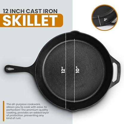 Utopia Kitchen Pre-Seasoned Cast Iron Skillet With Lid - 12 Inch Nonstick Frying Pan - Safe Indoor & Outdoor Grill Cookware - CookCave
