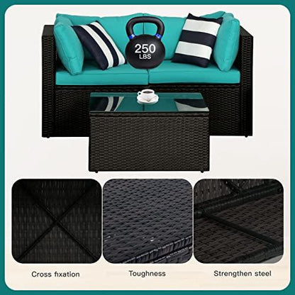 5 Pieces Rattan Patio Furniture Sets Modular Outdoor Conversation Sofa Set All Weather Wicker Sectional Sofa with 2 Corner Chair Armless Chair Ottoman Chair Glass Table 2 Pillow,Blue Cushion - CookCave