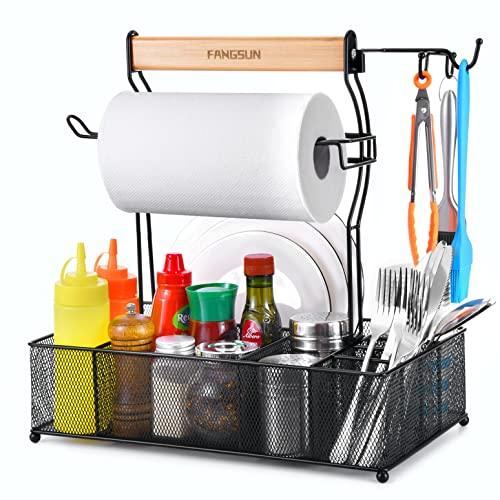 FANGSUN Large Grill Utensil Caddy, Picnic Condiment Caddy, BBQ Organizer for Outdoor Grilling, Camping Caddy with Paper Towel Holder for Plate Cutlery, Grill Accessories Storage for Tailgating, Black - CookCave