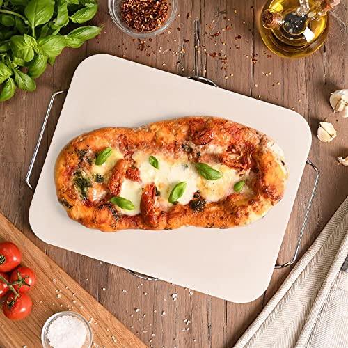 Pizza Stone for Oven and Grill, Rectangle Baking Stone 15 x 12 Inch with Free Pizza Cutter & Detachable Serving Rack, Safe Ceramic Cooking Stone for Crisp Crust Pizza Bread Cookie and More - CookCave