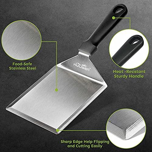 HULISEN Stainless Steel Large Grill Spatula - 6 x 5 Inch Heavy-Duty Metal Spatula with Cutting Edges, Kitchen Griddle Accessories, Smashed Burger Turner Scraper for BBQ Grill and Flat Top Griddle - CookCave