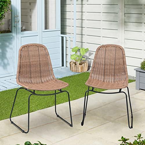 JOIVI Outdoor Wicker Chairs Set of 2, Patio Dining Rattan Armless Chairs with Curved Back for Outside Lawn, Garden, Backyard, Beige Rattan - CookCave