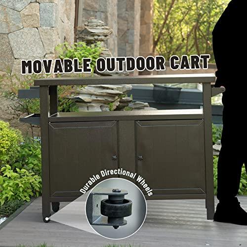 Domi Grill Carts Outdoor with Storage and Wheels, Whole Metal Portable Table and Storage Cabinet for BBQ,Deck,Patio,Backyard (Brown, L45xW20.31xH35.51 Inch) - CookCave