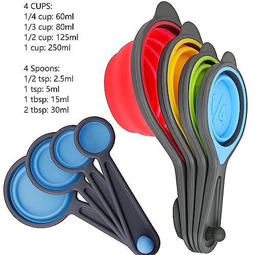 Kalsreui Measuring Cups and Spoons set, Collapsible Measuring Cups, 8 pieces Measuring Cups&Spoons Set, Engraved Metric & US Markings for Liquid&Dry Measuring, Space Saving, BPA Free Colorful Silicone - CookCave