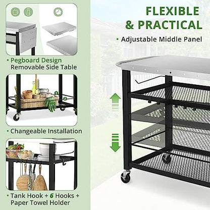 LUE BONA 43.3"W x 19.7"D Outdoor Grill Cart Table with Foldable Side Table, Movable Pizza Oven Stand for Outside Patio, Three-Shelf Stainless Steel Flattop Outdoor Cooking Prep Table with Wheels - CookCave