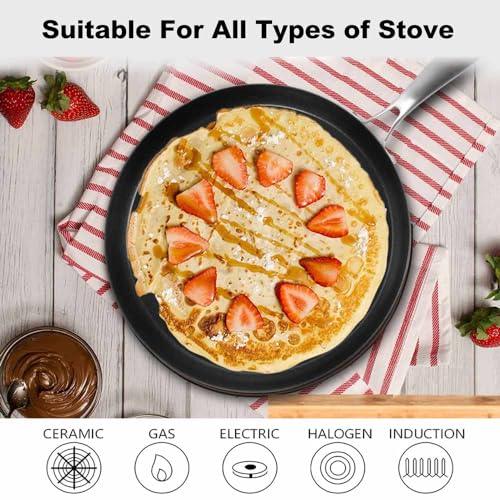 AUDANNE Nonstick Crepe Pan with Spreader, 11 inch Stainless Steel Flat Skillet, Non stick Pancakes Grill & Griddle Pan - Compatible with All Stovetops (Gas, Electric & Induction), PFOA Free, 11" - CookCave