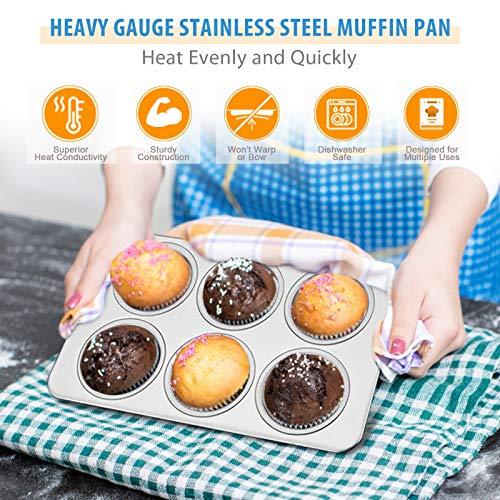 E-far Muffin Pan Set of 2, Stainless Steel Muffin Pan Tin for Baking, 6-Cup Metal Cupcake Pan Tray, Non-toxic & Healthy, Oven & Dishwasher Safe, Regular Size - 11.44 x 7.12 x 1.25 inch - CookCave