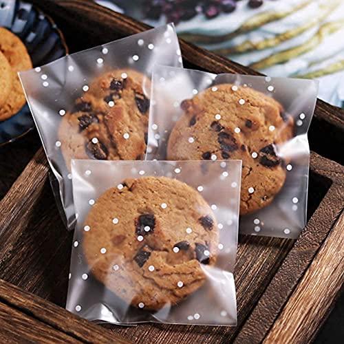 300PCS Cookie Bags Self Adhesive Clear Plastic Cellophane Treat Bags for Candy Pastry Packaging Christmas Party Favor Gift Giving (White Polka Dots, 4 x 4 inches) - CookCave