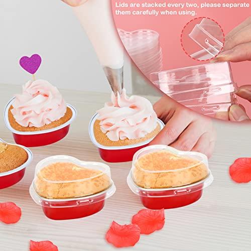 Colovis Heart Shaped Cake Pans, 36 Pack 3.4oz Red Mini Aluminum Foil Baking Cups with Lids Spoons Disposable Ramekins Cupcake Liners Kit for Valentine's Day Wedding Party (36 Pack) - CookCave