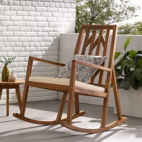 Christopher Knight Home Nuna Outdoor Wood Rocking Chair with Cushion, Teak Finish Dimensions: 37.75”D x 26.50”W x 41.25”H - CookCave