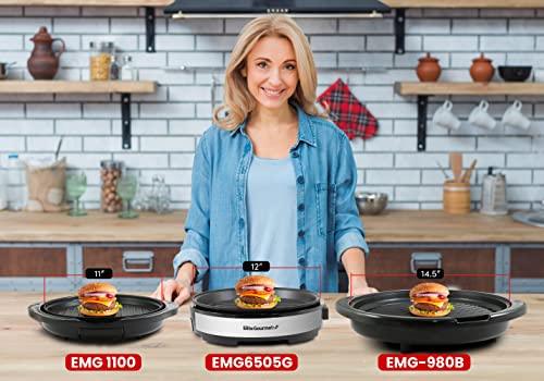 Elite Gourmet EMG1100 Electric Indoor Nonstick Grill, Dishwasher Safe, Cool Touch, Fast Heat Up Ideal Low-Fat Meals, Includes Tempered Glass Lid, 11", Black - CookCave