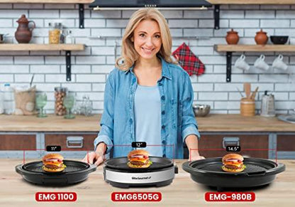 Elite Gourmet EMG1100 Electric Indoor Nonstick Grill, Dishwasher Safe, Cool Touch, Fast Heat Up Ideal Low-Fat Meals, Includes Tempered Glass Lid, 11", Black - CookCave