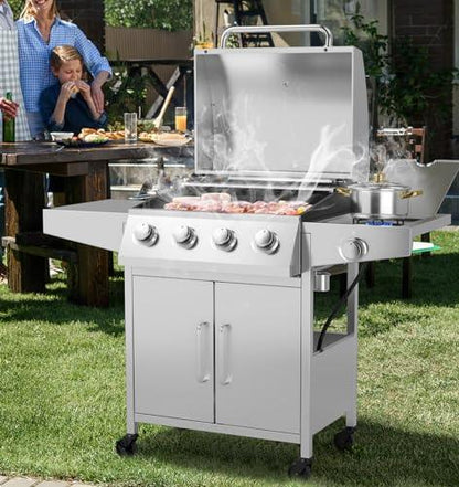 Giantex Propane Gas Grill 50,000 BTU, 4 Main Burners, 1 Side Burner, 2 Prep Tables, Stainless Steel Heavy-Duty BBQ Grill with 4 Wheels for Backyard Party Outdoor Cooking - CookCave