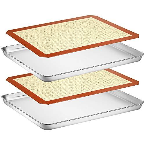Wildone Baking Sheet with Silicone Mat Set, Stainless Steel Cookie Pan with Baking Mat, Size 16 x 12 x 1 Inch, Set of 4-2 Sheets + 2 Mats - CookCave
