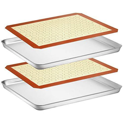 Wildone Baking Sheet with Silicone Mat Set, Stainless Steel Cookie Pan with Baking Mat, Size 16 x 12 x 1 Inch, Set of 4-2 Sheets + 2 Mats - CookCave