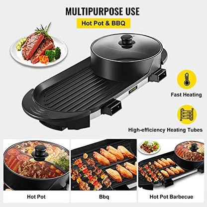 VEVOR Electric Grill Hot Pot 2 in 1, Multifunctional Grill Pan Indoor, Separate Dual Temperature Control, Large Capacity Non-Stick Pan Portable Korean BBQ, Electric Shabu Hot Pot 110V Smoke Free Stove - CookCave
