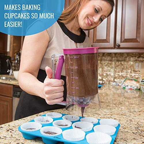 KPKitchen Pancake Batter Dispenser - Kitchen Must Have Tool for Perfect Pancakes, Cupcake, Waffle, Muffin Mix, Cake & Crepe - Easy Pour Baking Supplies for Griddle - Pancake Maker with Measuring Label - CookCave