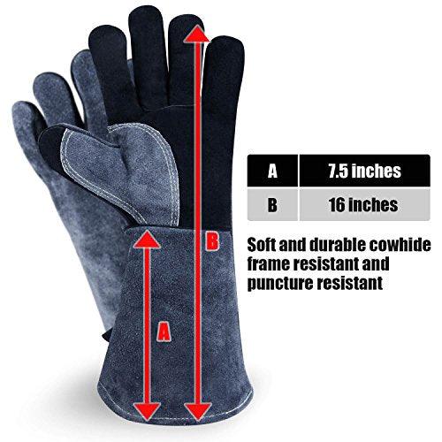 932℉ Grill BBQ Gloves 16-inch Heat Resistant Leather Forge Welding Glove with Flame Retardant Long Sleeve and Insulated Lining for Men and Women Black-Gray - CookCave