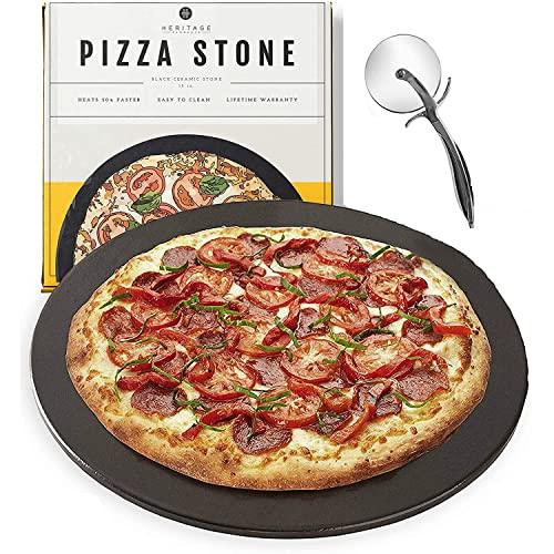 Heritage 15" Ceramic Pizza Stone Set - Non-Stick, Stain-Free with Bonus Cutter - Black - CookCave
