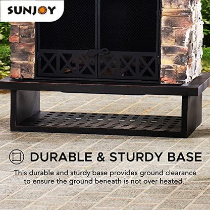 Sunjoy Outdoor Fireplace, Heavy Duty Patio Wood Burning Fireplace with Steel Chimney, Mesh Spark Screen Doors, Removable Grate and Fire Poker, Black - CookCave