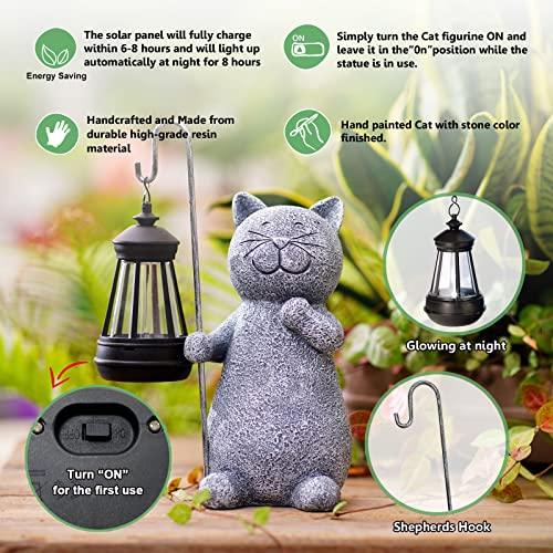 Qeeman Solar Garden Statue Cat Figurine- Garden Art with Solar Lantern, Loving Cat for Patio,Balcony,Yard, Lawn-Unique Housewarming Gift for Garden Mom Grandma - CookCave