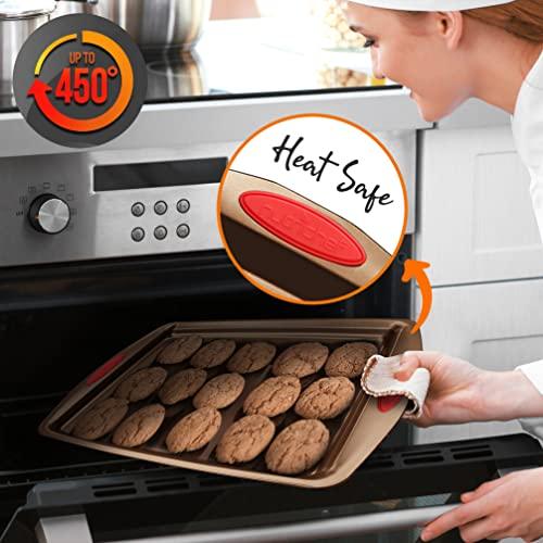 NutriChef 15-Piece Baking Pan Set - PFOA, PFOS, PTFE Free Flexible Nonstick Golden Coating Carbon Steel Bakeware - Professional Home Kitchen Bake Cookie Sheet Stackable Tray w/Red Silicone Handles - CookCave