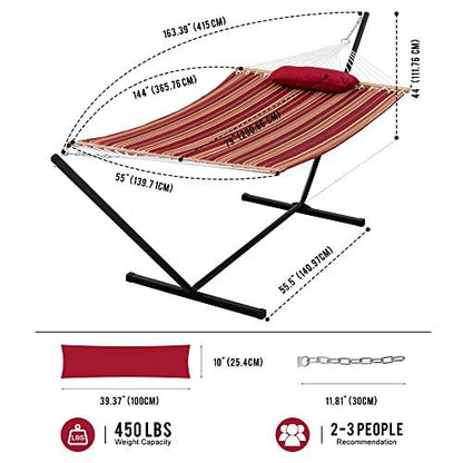 Lazy Daze Quilted Fabric Hammock with 12-Foot Stand, Double 2-Person Hammock with Pillow for Outdoor Outside Patio, Garden, Backyard, 450LB Capacity, Red/Brown Stripe - CookCave