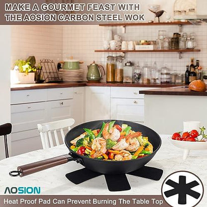 AOSION 13'' Carbon Steel Wok, 12 Piece Wok Pan & Stir-Fry Pans Set with Lid & Cookwares, No Chemical Coated Flat Bottom Chinese Wok Pan for Induction, Electric, Gas, Halogen, All Stoves - CookCave