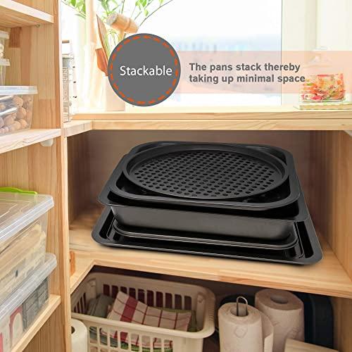 Perlli Baking Pan 10 Piece Set Nonstick Carbon Steel Gray Oven Bakeware Kitchen Set, 2 Cookie Sheets, 2 Round Cake Pans, Square Pan, Roasting Pan, Loaf Pan, Crisp Pan, Pizza Crisper, & Muffin Pan - CookCave