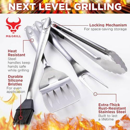 Premium Grill Set M&GRILL: 4 BBQ Tools – Spatula, Fork, Tongs and Sauce Brush an Ideal Gift for Grill Lovers Stainless Steel - CookCave