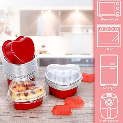 Colovis Heart Shaped Cake Pans, 36 Pack 3.4oz Red Mini Aluminum Foil Baking Cups with Lids Spoons Disposable Ramekins Cupcake Liners Kit for Valentine's Day Wedding Party (36 Pack) - CookCave