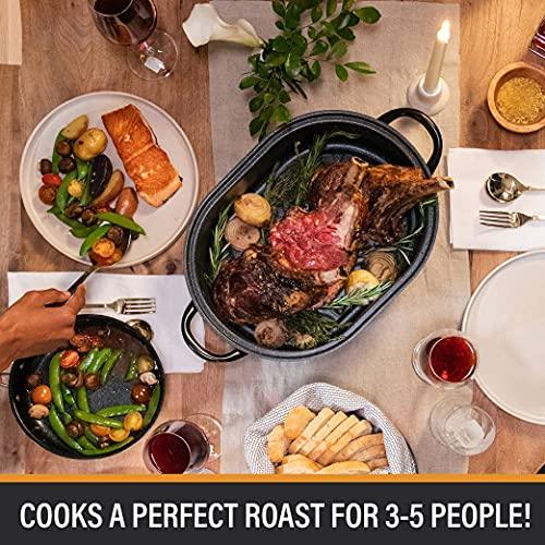 Granite Stone Oval Roaster Pan, Small 16” Ultra Nonstick Roasting Pan with Lid, Grooved Bottom for Basting, Broiler Pan for Oven, Dishwasher Safe, Up to 7lb Poultry/Roast, Serves 1-5, PFOA Free - CookCave