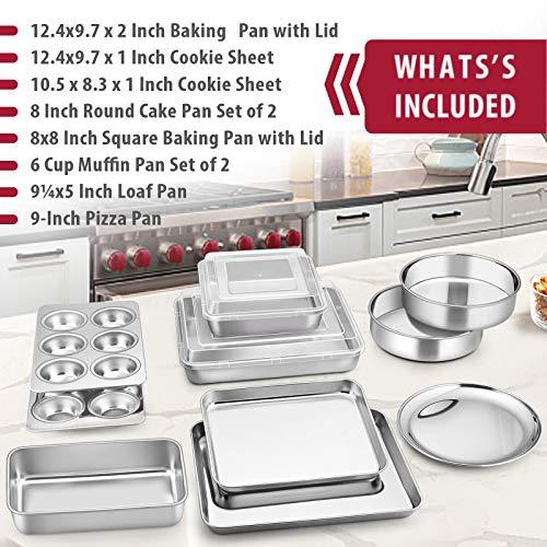 E-far 12-Piece Stainless Steel Bakeware Sets, Metal Baking Pan Set Include Round Cake Pans, Square/Rectangle Baking Pans with Lids, Cookie Sheet, Loaf/Muffin/Pizza Pan, Non-toxic & Dishwasher Safe - CookCave