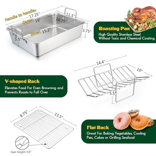 Roasting Pan, E-far 16 x 11.5 Inch Stainless steel Turkey Roaster with Rack - Deep Broiling Pan & V-shaped Rack & Flat Rack, Non-toxic & Heavy Duty, Easy Clean & Dishwasher Safe - Large - CookCave