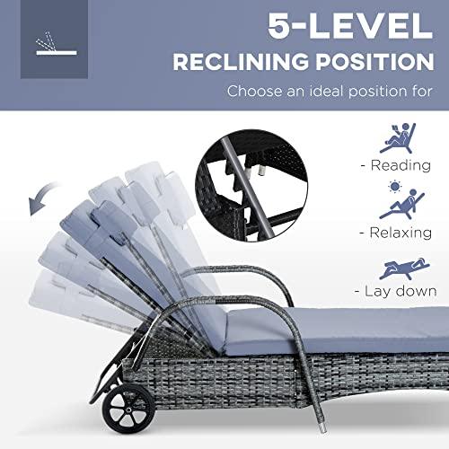 Outsunny Chaise Lounge Set of 2 with 5 Angle Backrest, Wheels, Armrests, Outdoor Coffee Table, Cushions, PE Rattan Wicker Poolside Chairs, 3-Piece Pool Furniture Set, Gray - CookCave