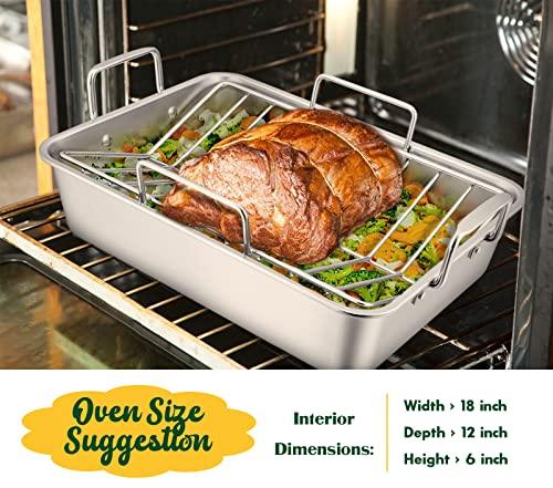 Roasting Pan, E-far 16 x 11.5 Inch Stainless steel Turkey Roaster with Rack - Deep Broiling Pan & V-shaped Rack & Flat Rack, Non-toxic & Heavy Duty, Easy Clean & Dishwasher Safe - Large - CookCave