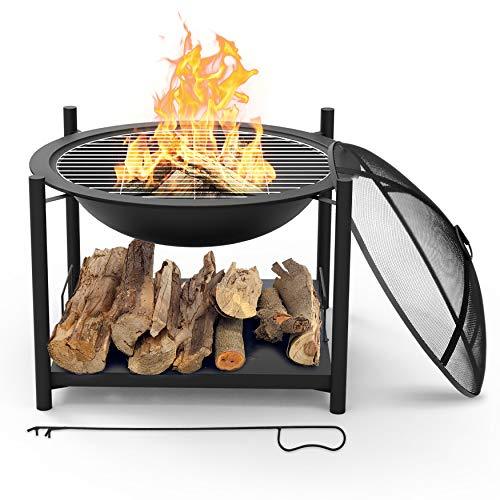 SereneLife Portable Outdoor Wood Fire Pit - 2-in-1 Steel BBQ Grill 26" Wood Burning Fire Pit Bowl w/ Mesh Spark Screen, Cover Log Grate, Wood Fire Poker for Camping, Picnic, Bonfire - SLCARFP54 - CookCave