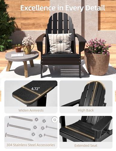 Folding Adirondack Chair - Durable HDPE Poly Lumber All-Weather Resistant, Foldable Oversized Balcony Porch Patio Outdoor Chair for Lawn, Backyard, Deck, Garden, Camping - Easy Installation, Black - CookCave