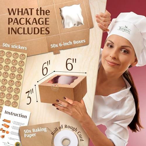 BORGANIC Cookie Boxes For Packaging - The Strongest 6x6x3 Cookie Boxes With Window [50 Pack] - Oil Resistant Cookie Boxes - Premium Bakery Boxes With Window - Cookie Boxes For Gift Giving - CookCave