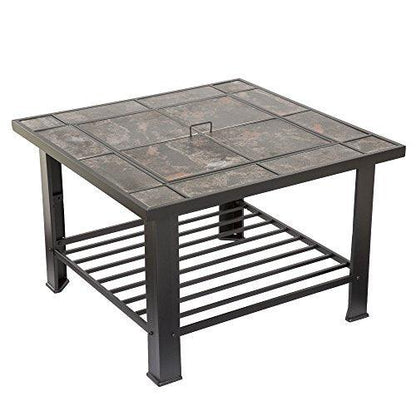 Fire Pit Set, Wood Burning Pit - Includes Screen, Cover and Log Poker - Great for Outdoor and Patio, 30 inch Square Marble Tile Firepit by Pure Garden, Black - CookCave