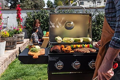 Nexgrill Premium 3 Burner Propane Barbecue Gas Grill, Side Table Open Cart with Wheels, Outdoor Cooking, Patio, Garden Barbecue Grill, 27000 BTUs, Black and Silver - CookCave